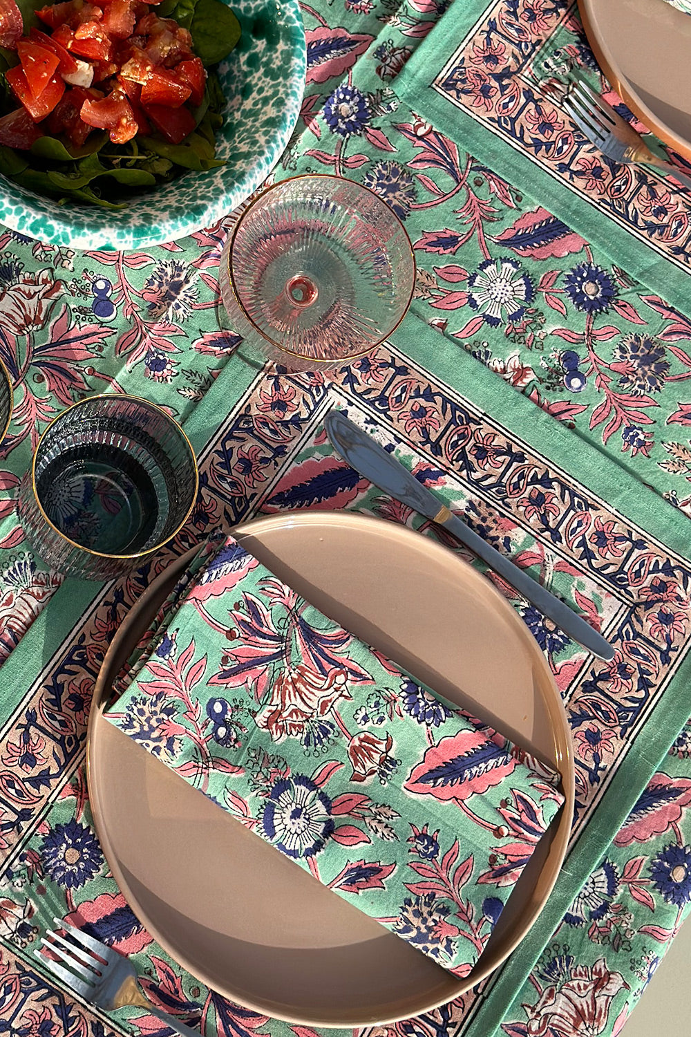 Set de table Panache blockprint en coton imprimé Turquoise