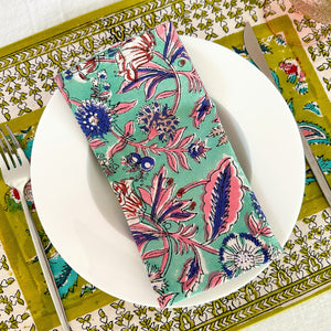 Panache table napkin Hand block printed cotton Turquoise